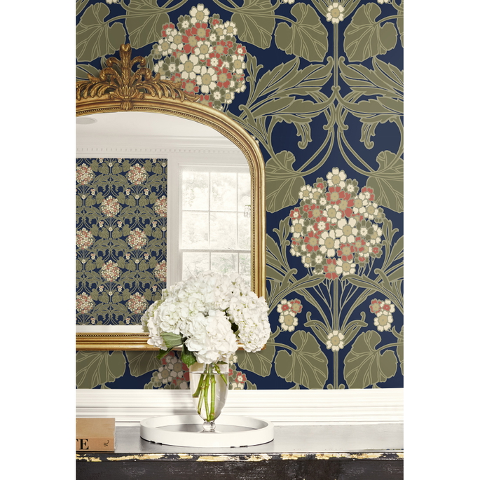 Seabrook Designs Floral Hydrangea Navy &amp; Terra Cotta Wallpaper image 4 of 4