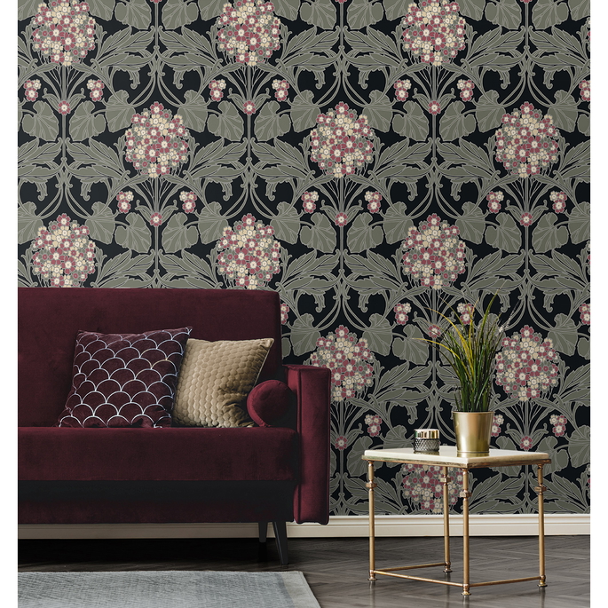 Seabrook Designs Floral Hydrangea Ebony &amp; Rose Wallpaper image 2 of 4