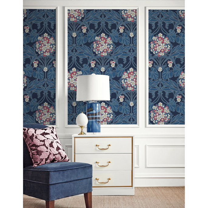 Seabrook Designs Floral Hydrangea Naval Blue &amp; Raspberry Wallpaper image 3 of 3
