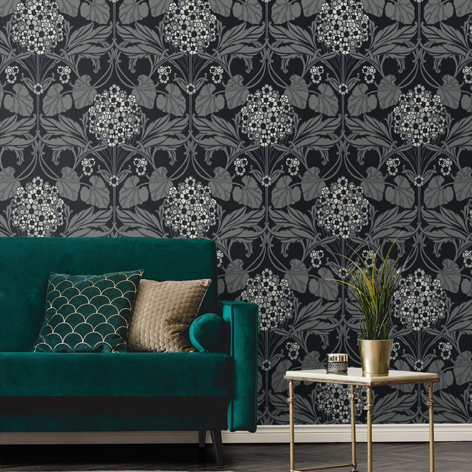 Seabrook Designs Floral Hydrangea Ebony &amp; Charcoal Wallpaper image 2 of 4
