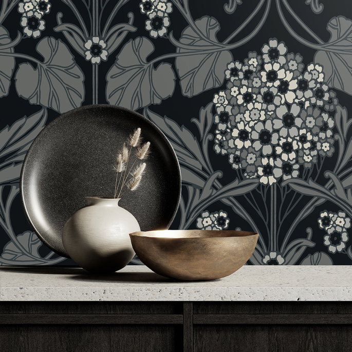 Seabrook Designs Floral Hydrangea Ebony &amp; Charcoal Wallpaper image 4 of 4