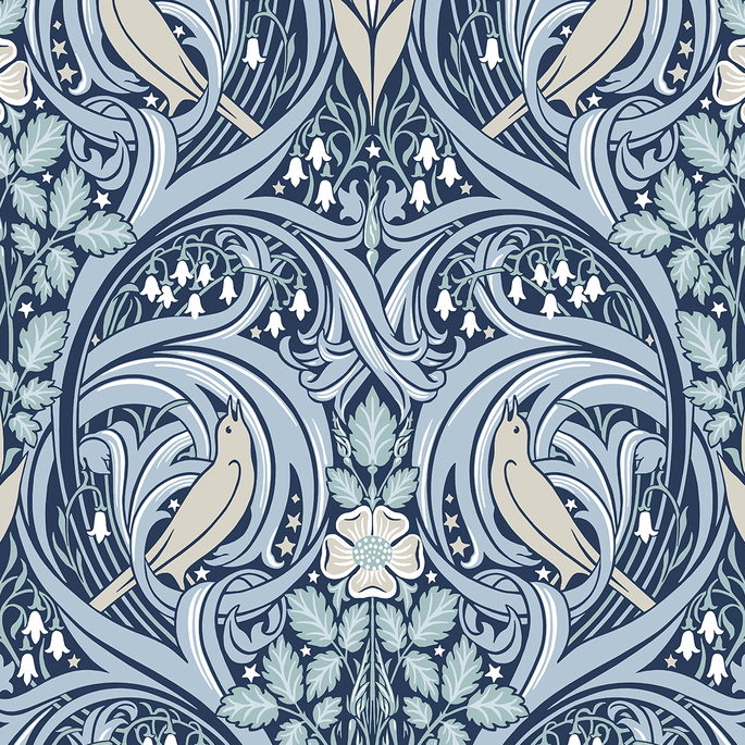 Seabrook Designs Bird Scroll Denim &amp; Blue Mist Wallpaper image 1 of 4