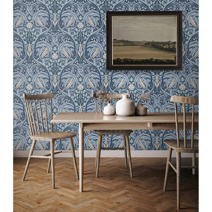 Seabrook Designs Bird Scroll Denim &amp; Blue Mist Wallpaper image 2 of 4
