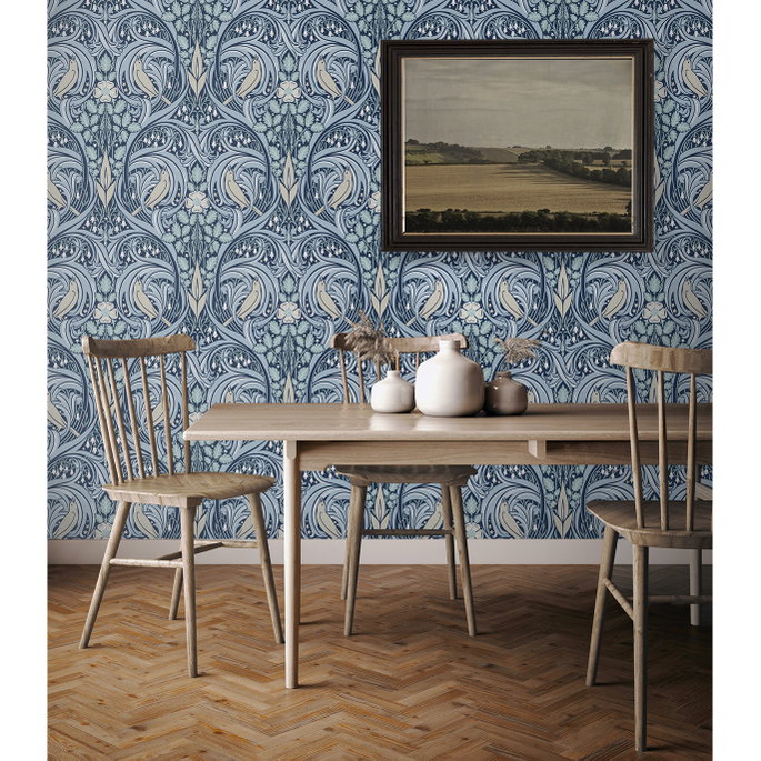 Seabrook Designs Bird Scroll Denim &amp; Blue Mist Wallpaper image 2 of 4
