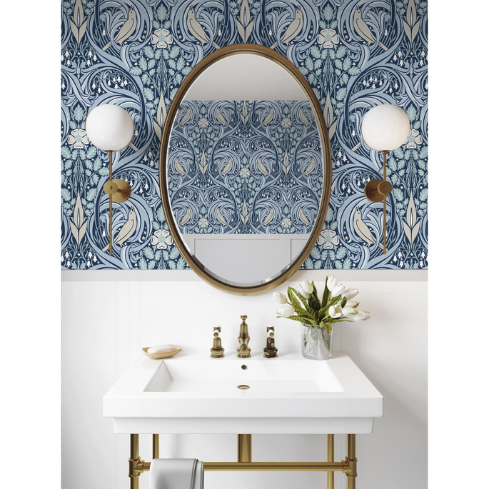 Seabrook Designs Bird Scroll Denim &amp; Blue Mist Wallpaper image 3 of 4