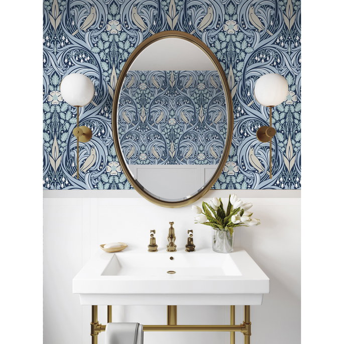 Seabrook Designs Bird Scroll Denim &amp; Blue Mist Wallpaper image 3 of 4