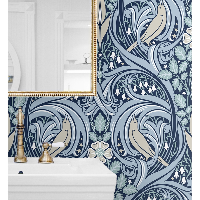 Seabrook Designs Bird Scroll Denim &amp; Blue Mist Wallpaper image 4 of 4