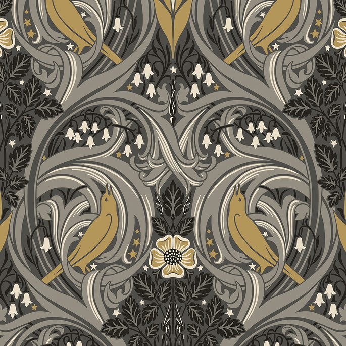 Seabrook Designs Bird Scroll Charcoal &amp; Goldenrod Wallpaper image 1 of 3