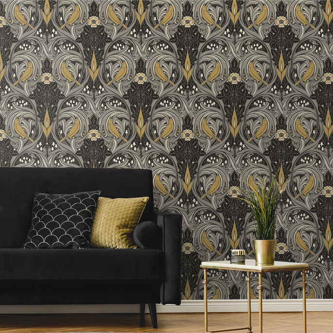 Seabrook Designs Bird Scroll Charcoal &amp; Goldenrod Wallpaper image 2 of 3
