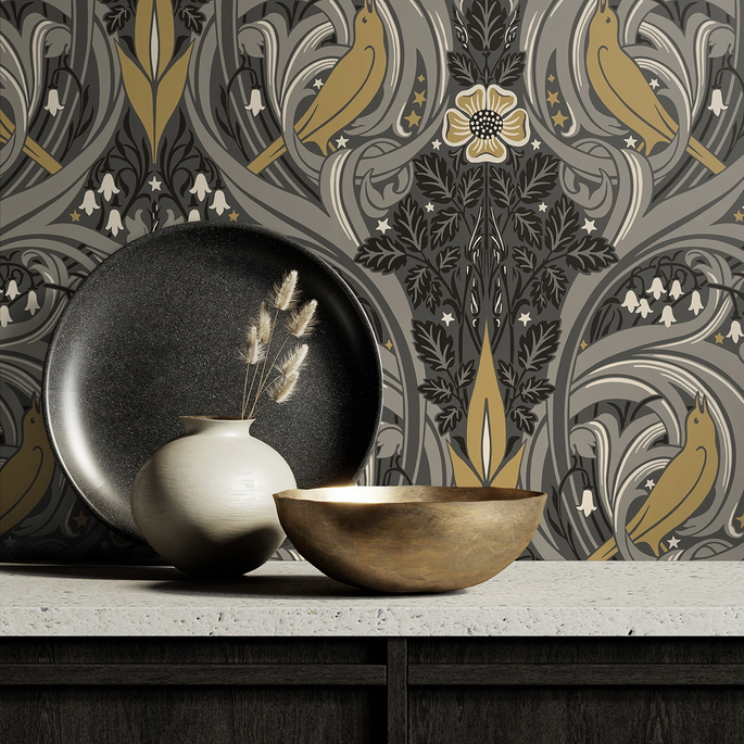 Seabrook Designs Bird Scroll Charcoal &amp; Goldenrod Wallpaper image 3 of 3