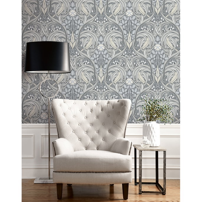 Seabrook Designs Bird Scroll Argos Grey &amp; Linen Wallpaper image 2 of 4