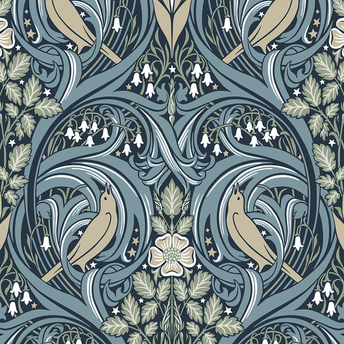 Seabrook Designs Bird Scroll Navy &amp; Beige Wallpaper image 1 of 3