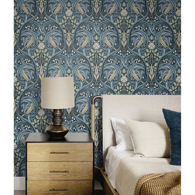 Seabrook Designs Bird Scroll Navy &amp; Beige Wallpaper image 2 of 3