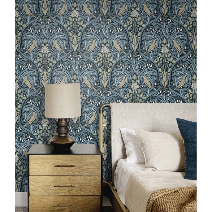 Seabrook Designs Bird Scroll Navy &amp; Beige Wallpaper image 2 of 3