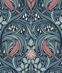Seabrook Designs Bird Scroll Aegean Teal & Coral Wallpaper