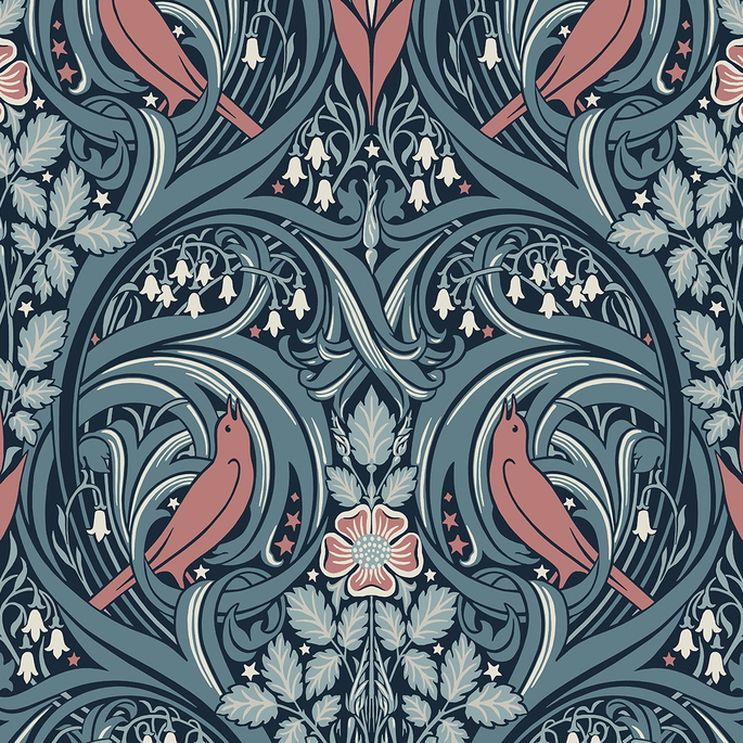 Seabrook Designs Bird Scroll Aegean Teal &amp; Coral Wallpaper image 1 of 4