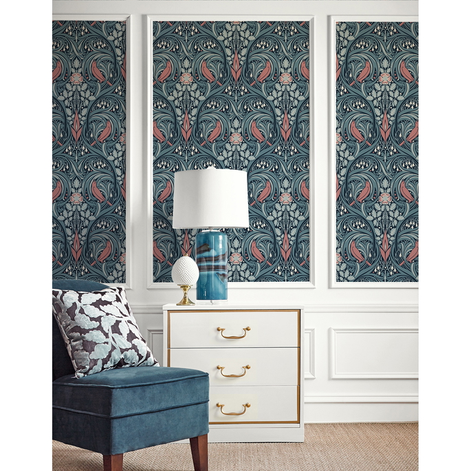 Seabrook Designs Bird Scroll Aegean Teal &amp; Coral Wallpaper image 2 of 4