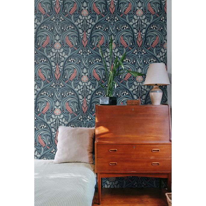Seabrook Designs Bird Scroll Aegean Teal &amp; Coral Wallpaper image 3 of 4