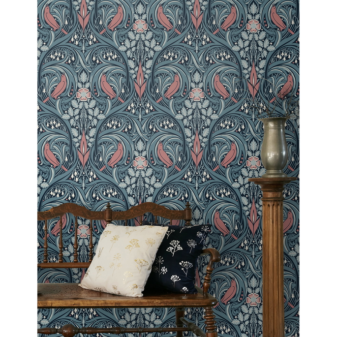Seabrook Designs Bird Scroll Aegean Teal &amp; Coral Wallpaper image 4 of 4