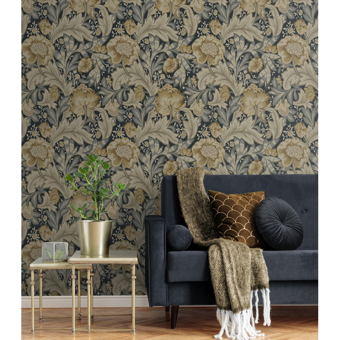 Seabrook Designs Acanthus Garden Midnight Blue &amp; Beige Wallpaper image 2 of 3