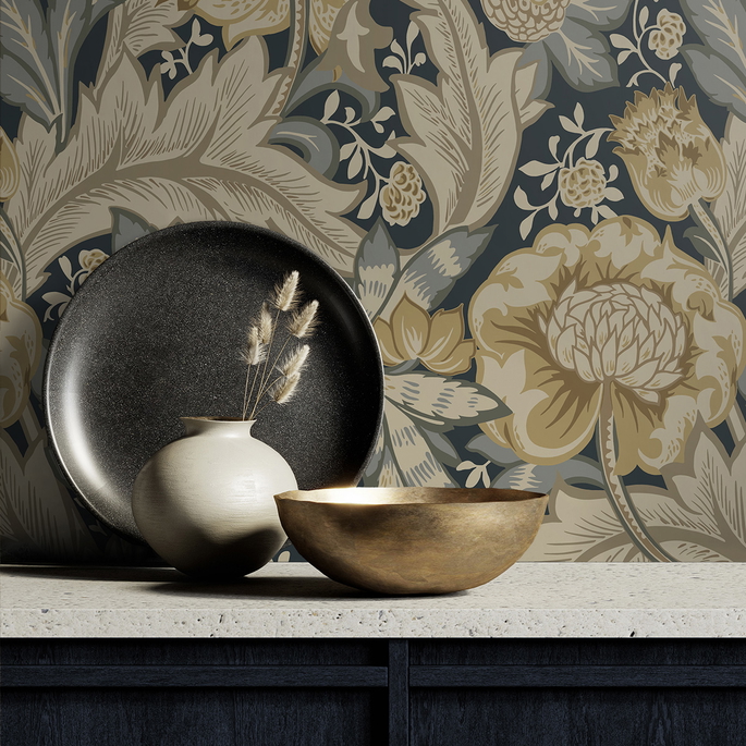 Seabrook Designs Acanthus Garden Midnight Blue &amp; Beige Wallpaper image 3 of 3