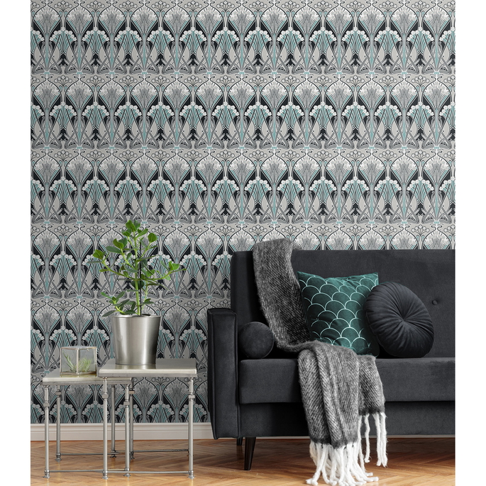 Seabrook Designs Dragonfly Damask Ebony &amp; Aqua Wallpaper image 2 of 4