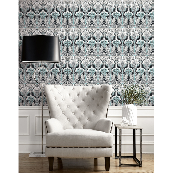 Seabrook Designs Dragonfly Damask Ebony &amp; Aqua Wallpaper image 3 of 4