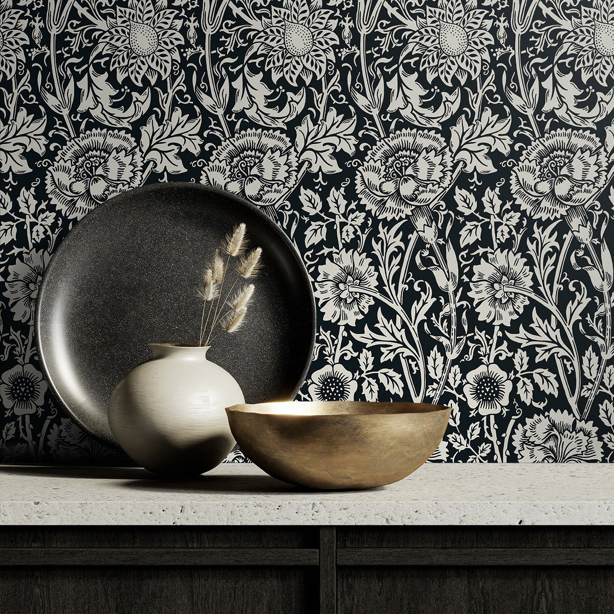 Seabrook Designs Tonal Floral Trail Ebony Wallpaper | OnlineFabricStore