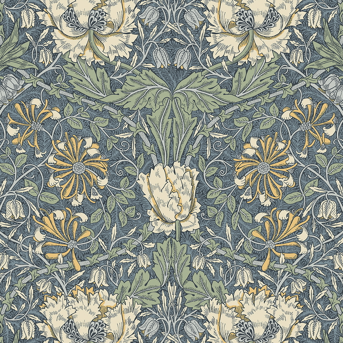 Seabrook Designs Ogee Flora Blue Lake &amp; French Vanilla Wallpaper image 1 of 4