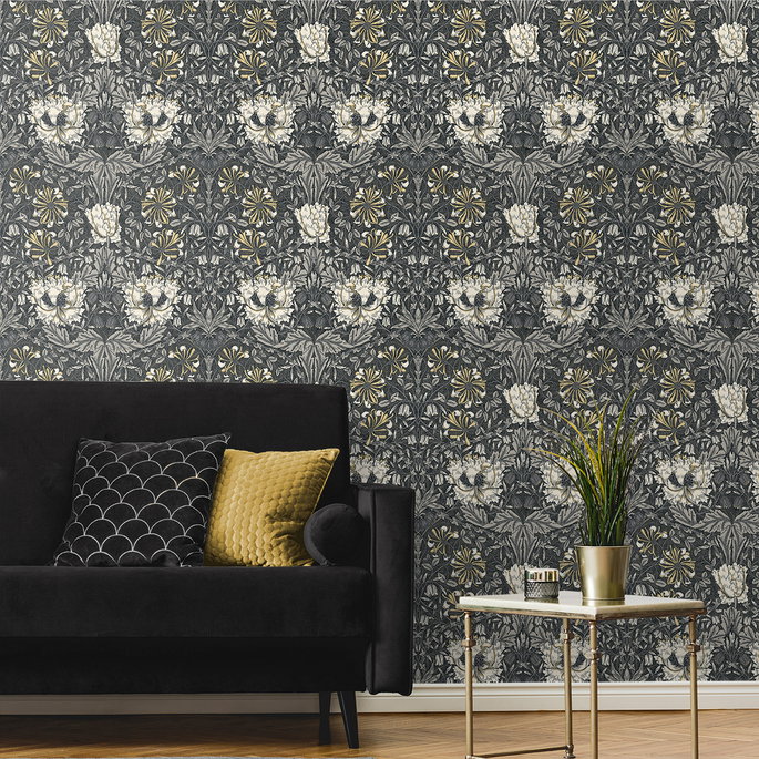 Seabrook Designs Ogee Flora Charcoal &amp; Goldenrod Wallpaper image 3 of 4