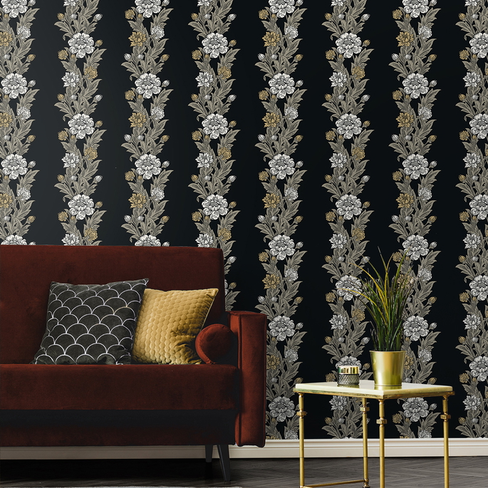 Seabrook Designs Blooming Stripe Ebony &amp; Goldenrod Wallpaper image 2 of 3
