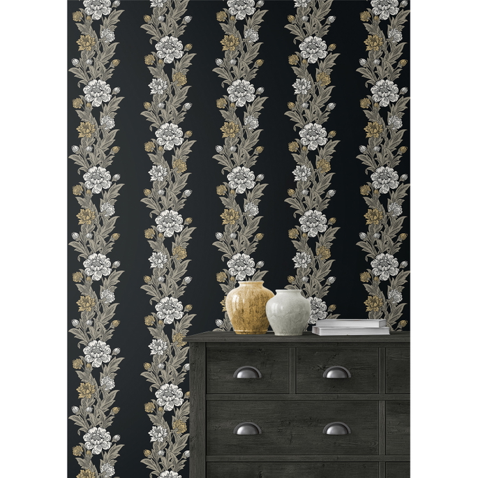 Seabrook Designs Blooming Stripe Ebony &amp; Goldenrod Wallpaper image 3 of 3