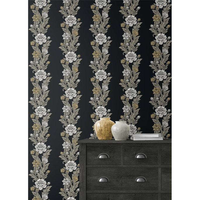 Seabrook Designs Blooming Stripe Ebony &amp; Goldenrod Wallpaper image 3 of 3