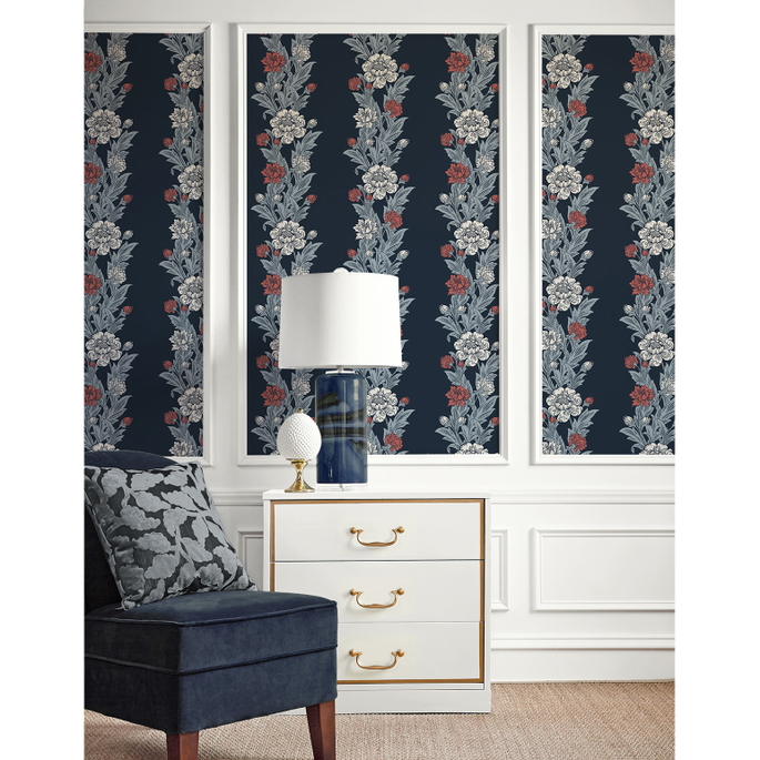Seabrook Designs Blooming Stripe Deep Navy &amp; Berry Wallpaper image 2 of 3