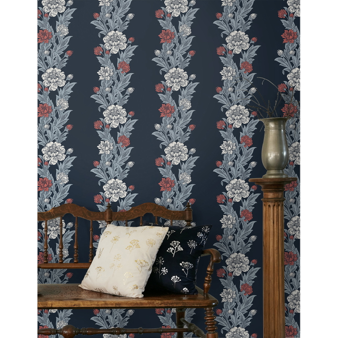 Seabrook Designs Blooming Stripe Deep Navy &amp; Berry Wallpaper image 3 of 3
