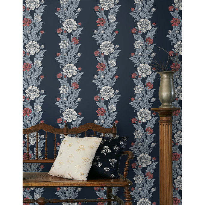 Seabrook Designs Blooming Stripe Deep Navy &amp; Berry Wallpaper image 3 of 3
