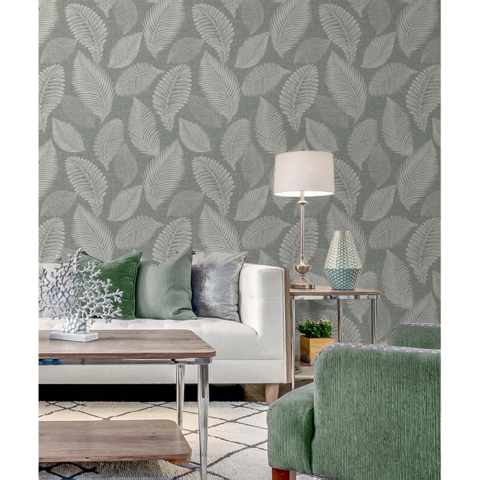 Seabrook Designs Tossed Leaves Charcoal Linen Wallpaper image 2 of 5
