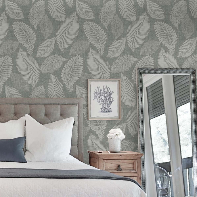 Seabrook Designs Tossed Leaves Charcoal Linen Wallpaper image 3 of 5