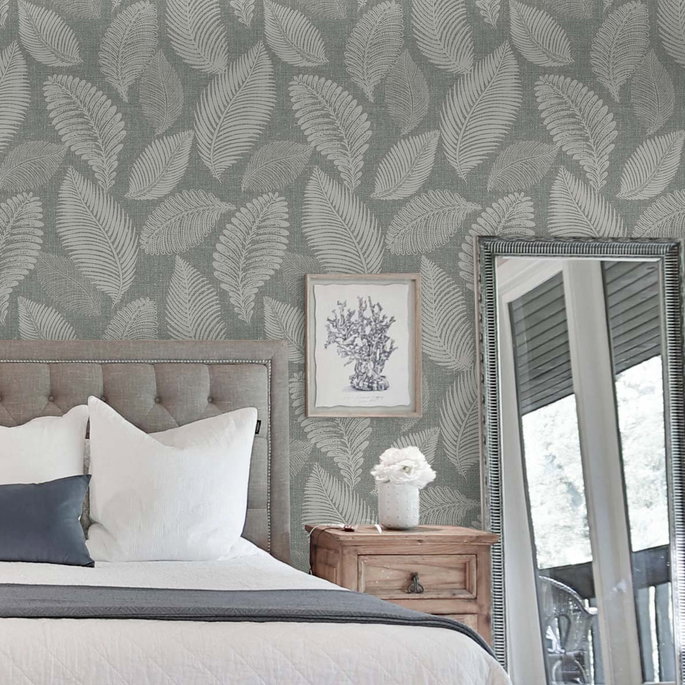 Seabrook Designs Tossed Leaves Charcoal Linen Wallpaper image 3 of 5