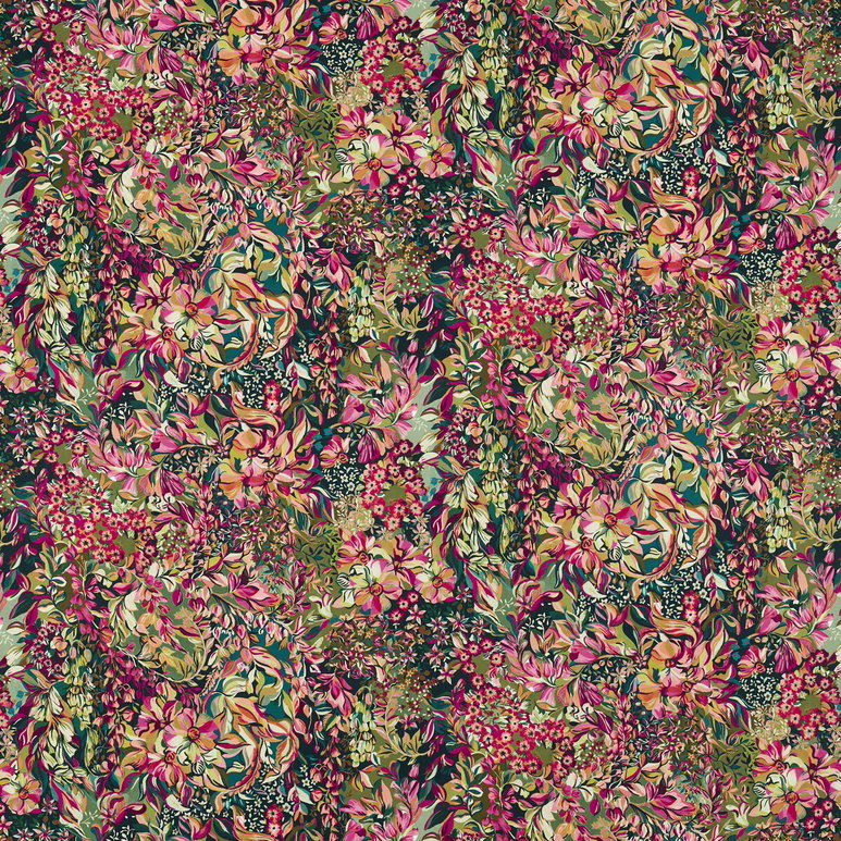 Clarke &amp; Clarke Aubrey Velvet Forest/Raspberry Fabric