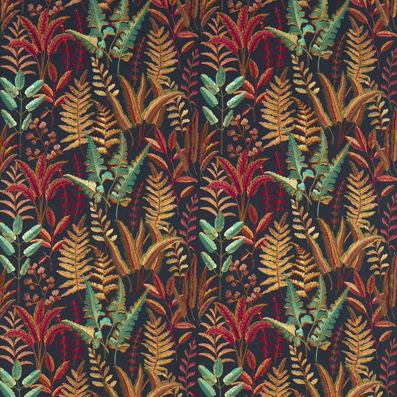 Clarke &amp; Clarke Bracken Russet Aqua Emb Fabric