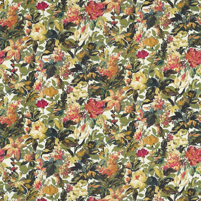 Clarke &amp; Clarke Lilum Olive Raspberry Fabric