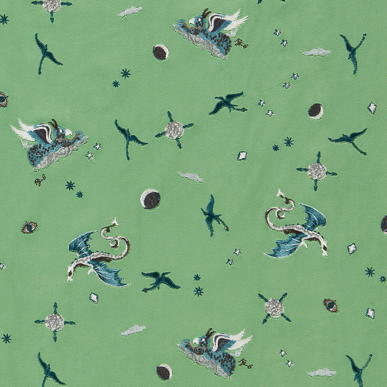 Clarke &amp; Clarke Draco Cosmos Green Embroidery Fabric