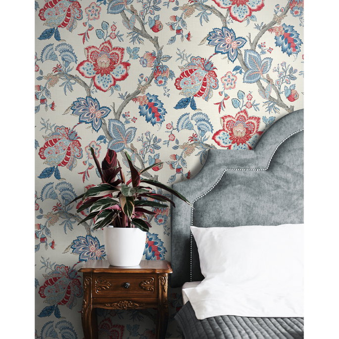 Seabrook Designs Bernadette Jacobean French Blue &amp; Antique Ruby Wallpaper image 2 of 2