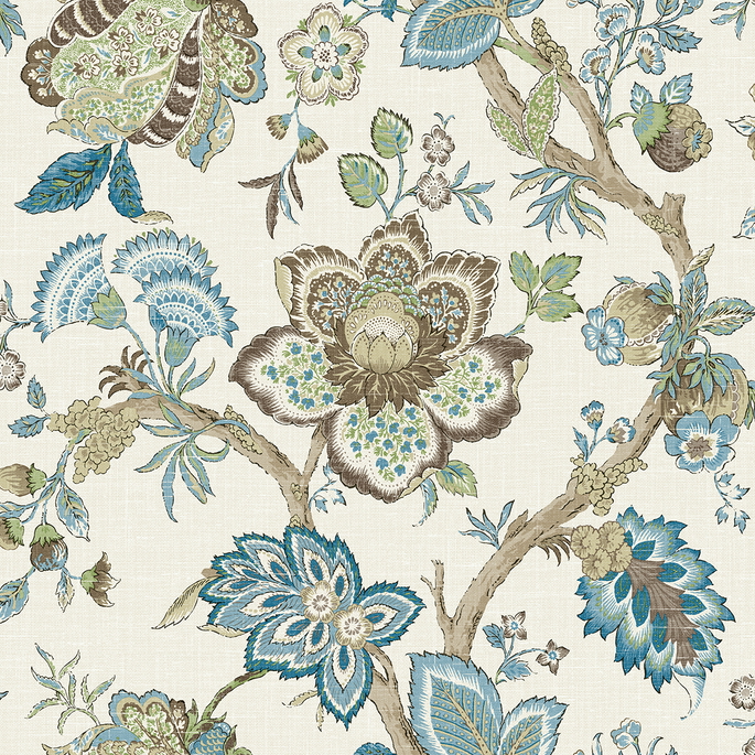 Seabrook Designs Bernadette Jacobean Hickory Smoke &amp; Blue Bell Wallpaper image 1 of 3
