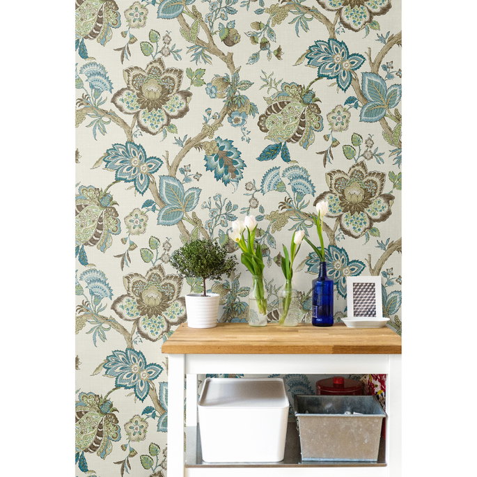 Seabrook Designs Bernadette Jacobean Hickory Smoke &amp; Blue Bell Wallpaper image 2 of 3