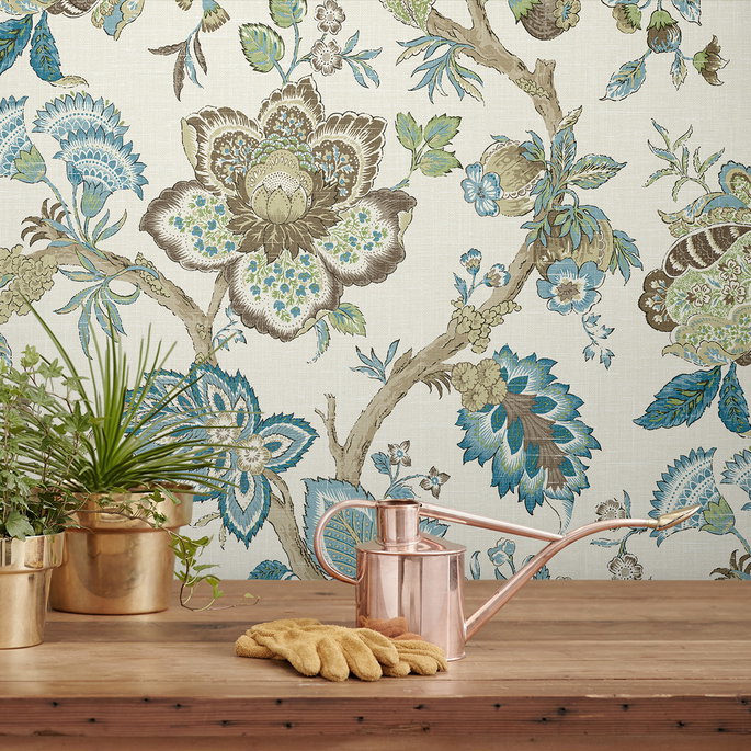 Seabrook Designs Bernadette Jacobean Hickory Smoke &amp; Blue Bell Wallpaper image 3 of 3
