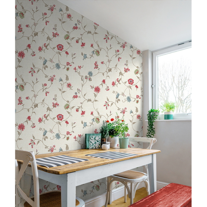 Seabrook Designs Florale Trail Cranberry &amp; Blue Bell Wallpaper image 2 of 3