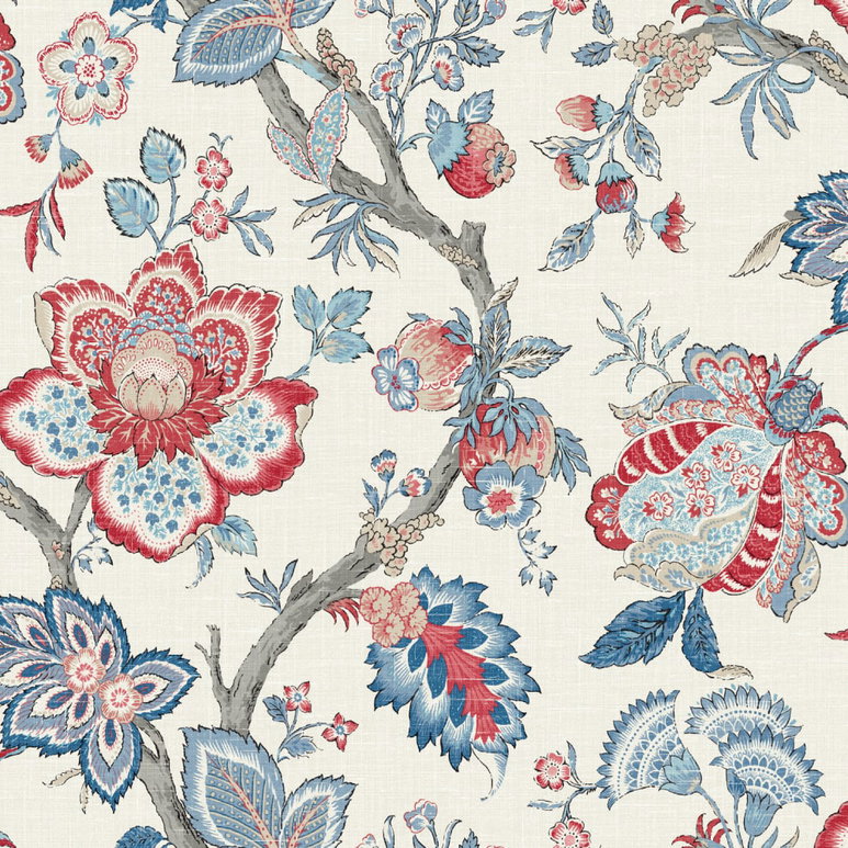 Seabrook Designs Bernadette Linen French Blue &amp; Antique Ruby Fabric