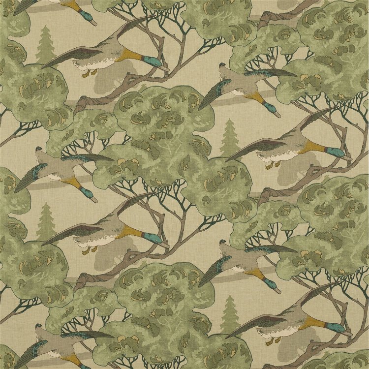 Mulberry Flying Ducks Emerald Fabric